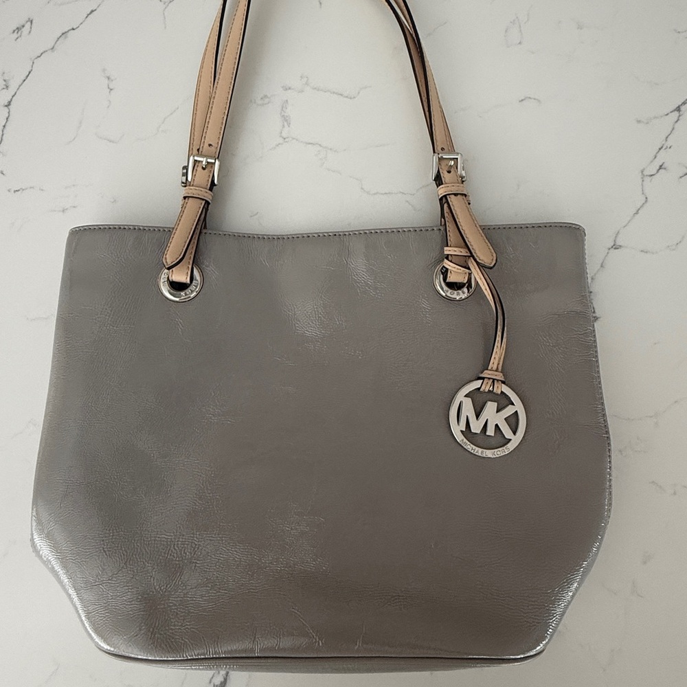 Michael Kors Gray Tote with Tan Handles and MK Charm